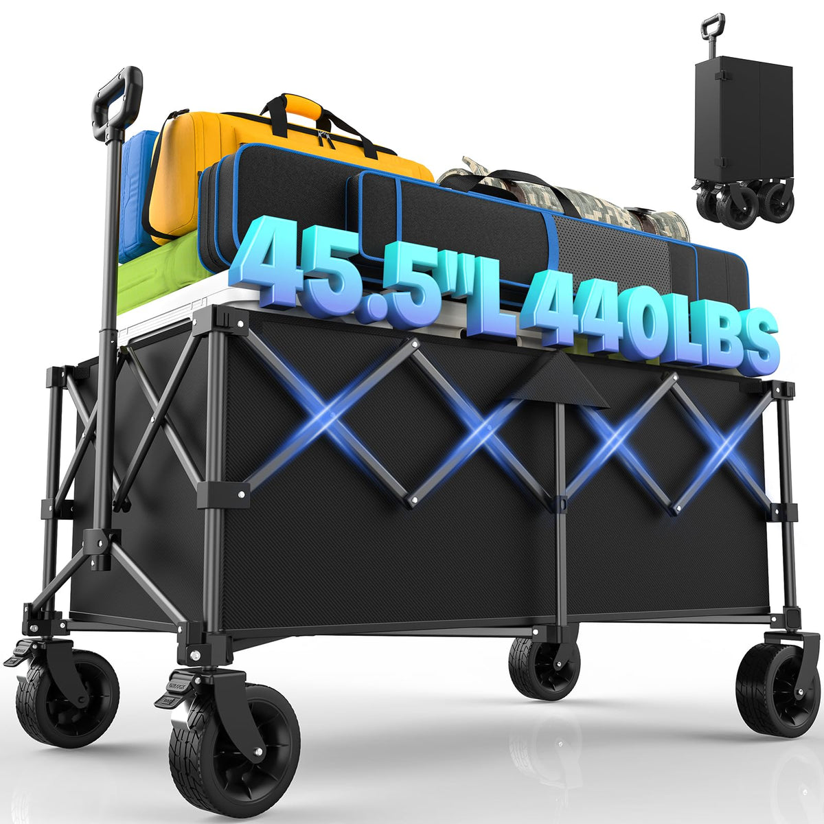 Kitsure front view of wagon showing spacious load capacity and stability
