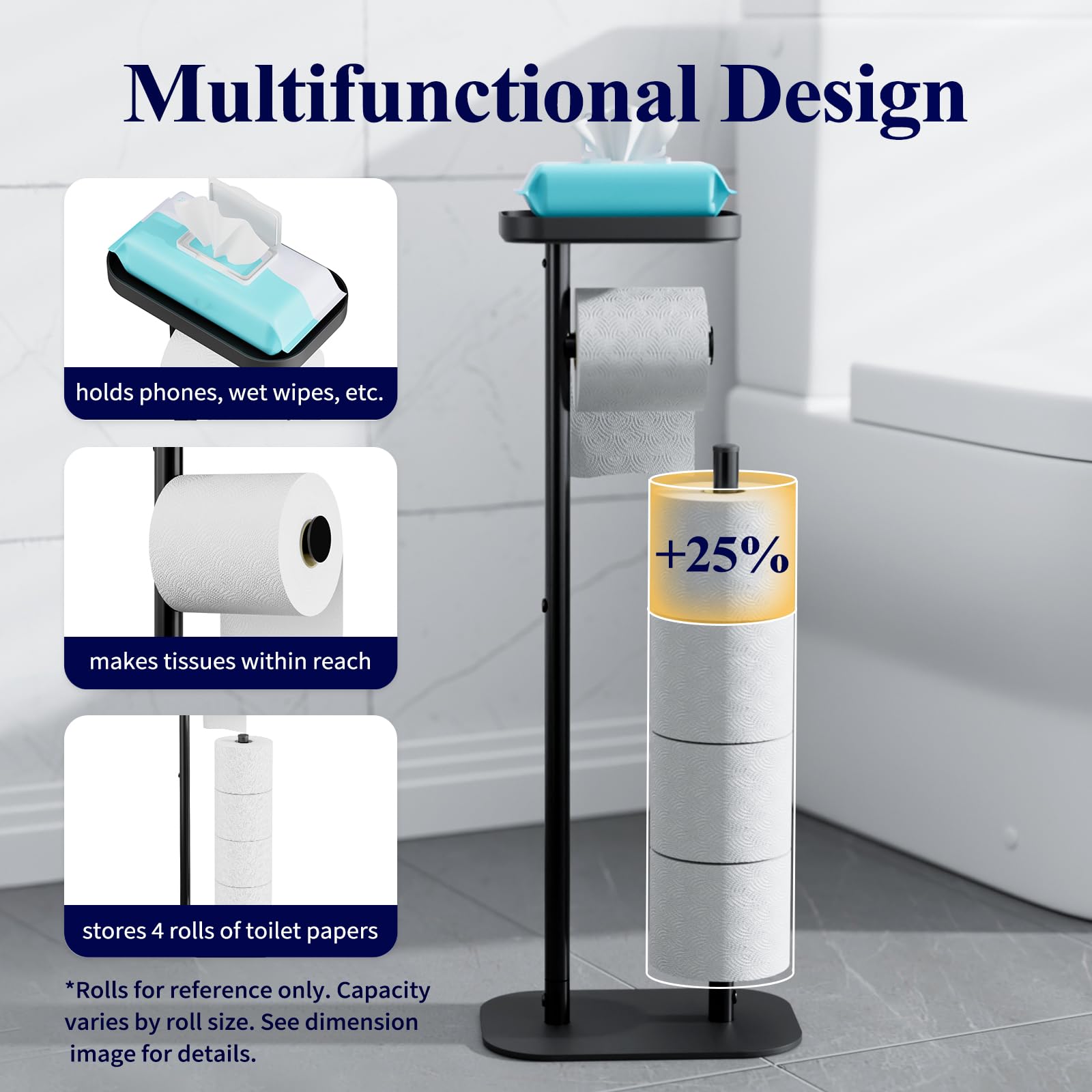 Kitsure placed beside toilet in modern bathroom, demonstrating compact footprint and convenient top shelf use