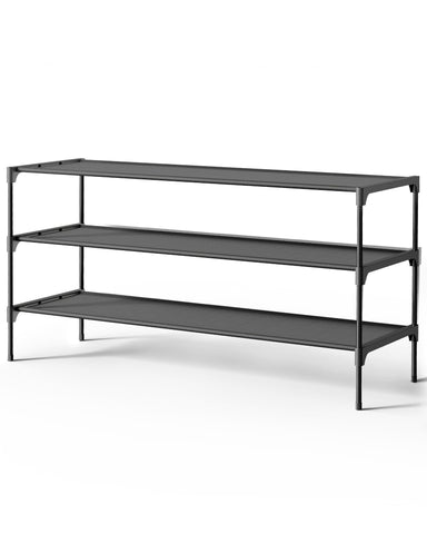 Kitsure shoe rack front view showing three tiers and organized shoes, maximizes entryway storage