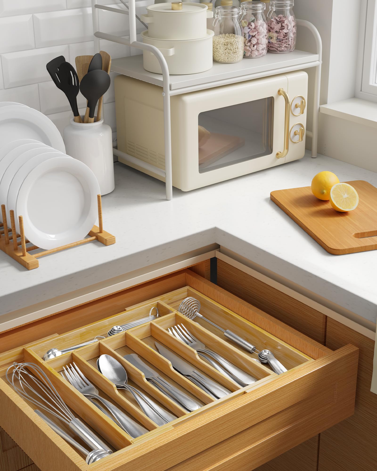 Kitsure in drawer for scale showing fit from compact to fully expanded