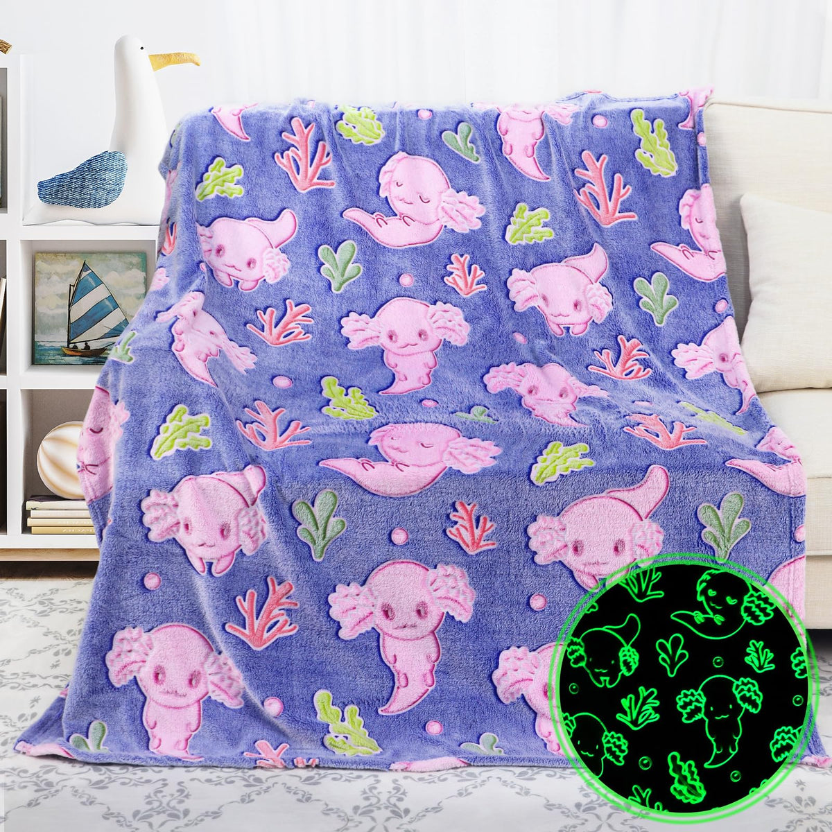 KIVEE axolotl blanket front view showing cute pink pattern and cozy plush benefit