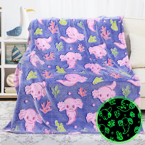 KIVEE axolotl blanket front view showing cute pink pattern and cozy plush benefit