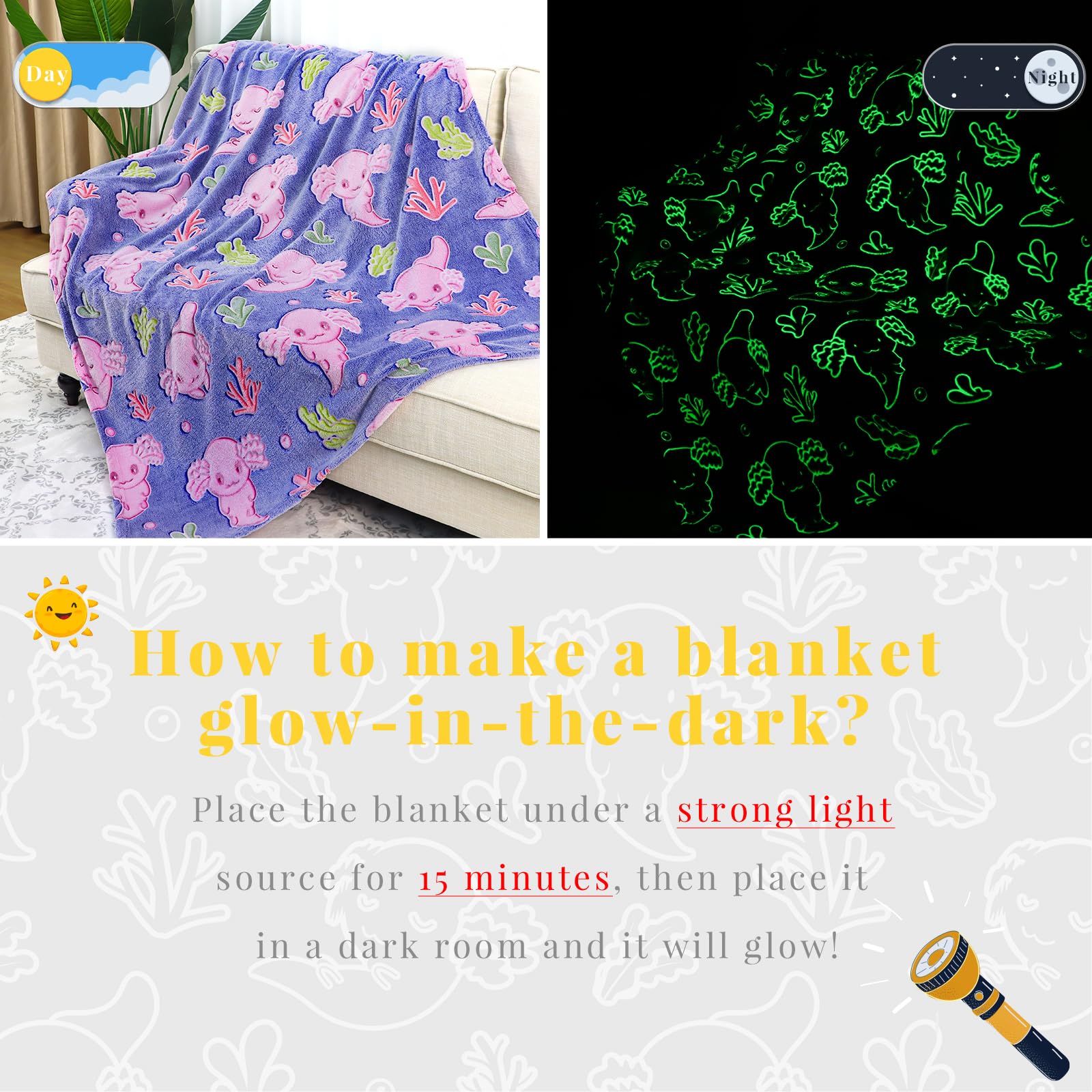 KIVEE axolotl blanket styled on a bed adding playful decor and cozy warmth