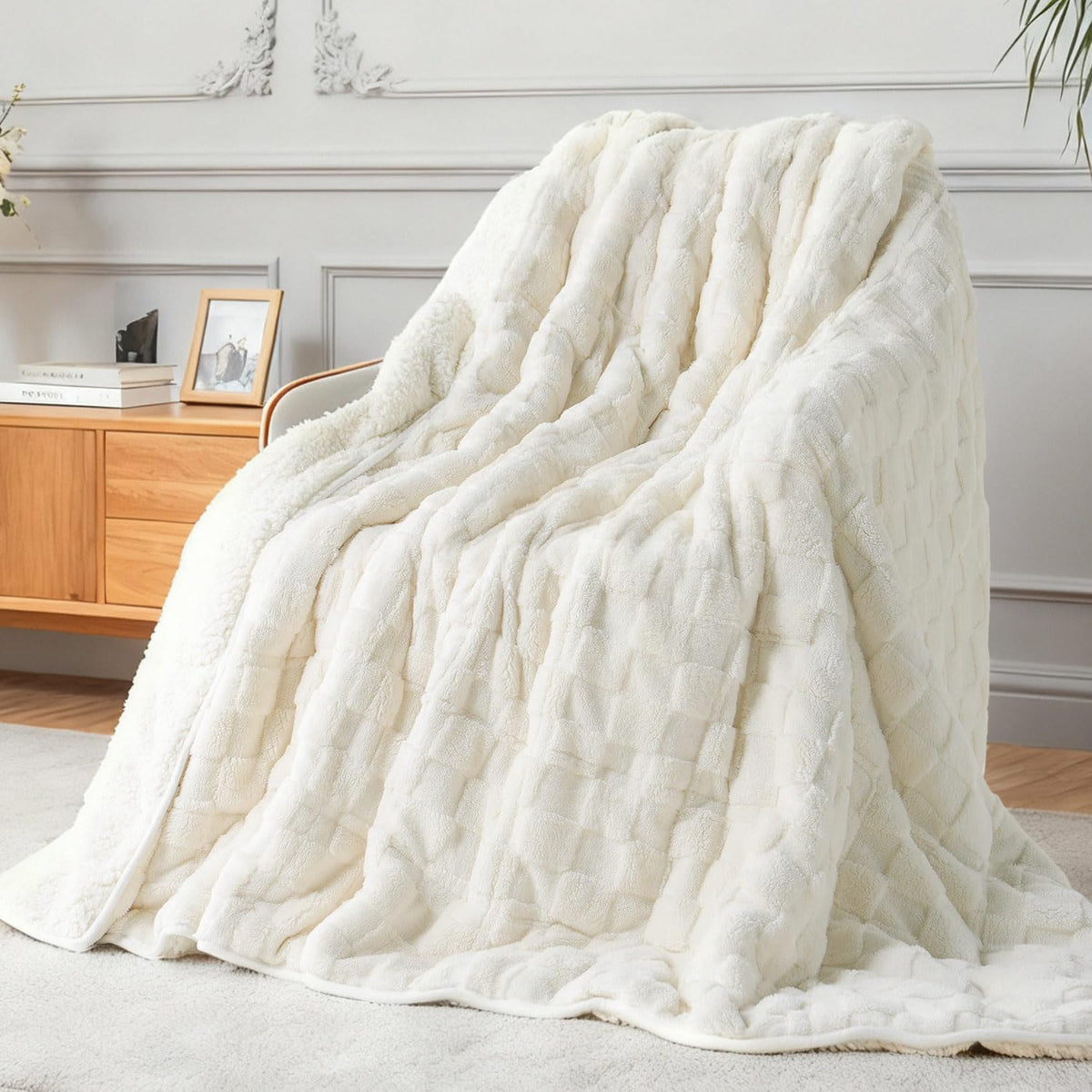 Kivik front view showing blanket folded and ready to use, highlights cozy look