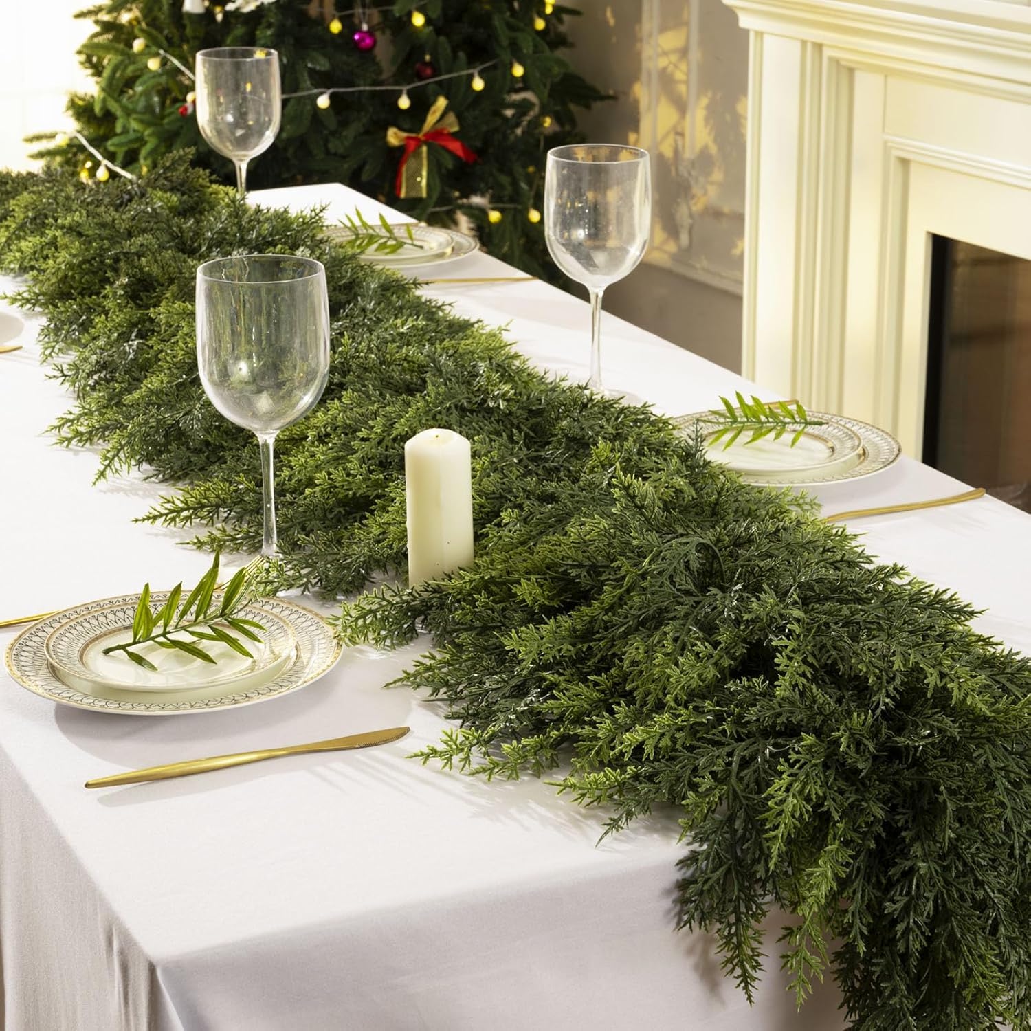 KIWDY front view showing full two-piece cedar garland, adds instant holiday fullness