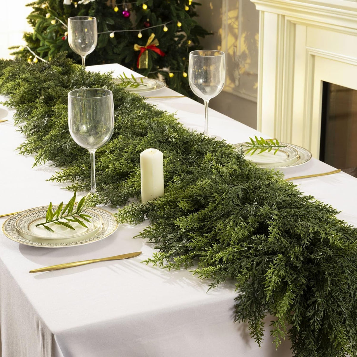 KIWDY front view showing full two-piece cedar garland, adds instant holiday fullness