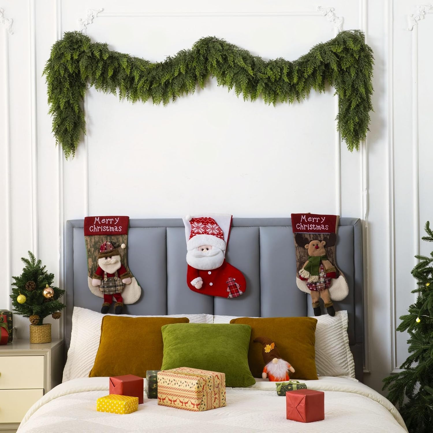 KIWDY garland styled with ornaments and bows, provides layered decorating base