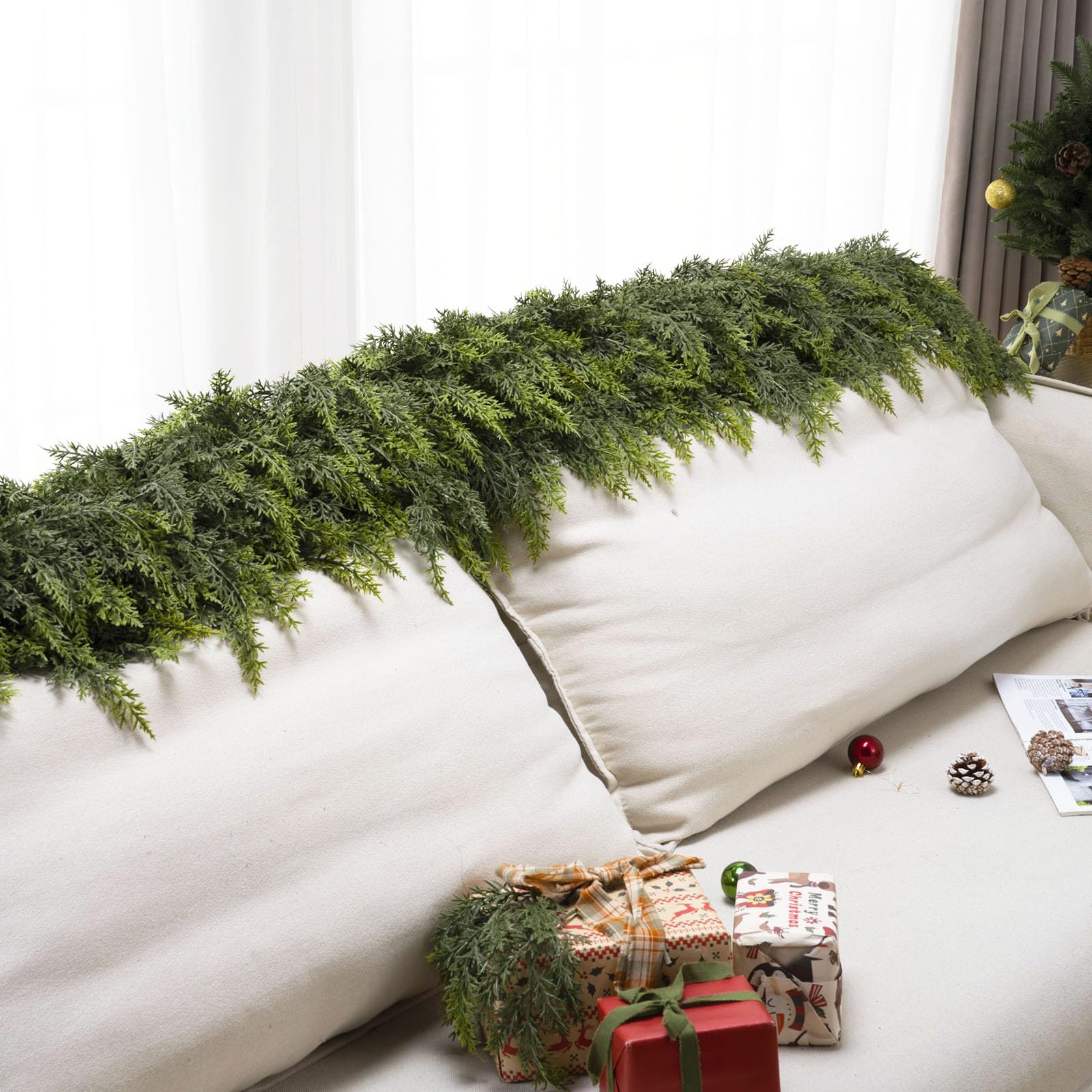KIWDY garland wrapped on staircase banister showing easy styling benefit
