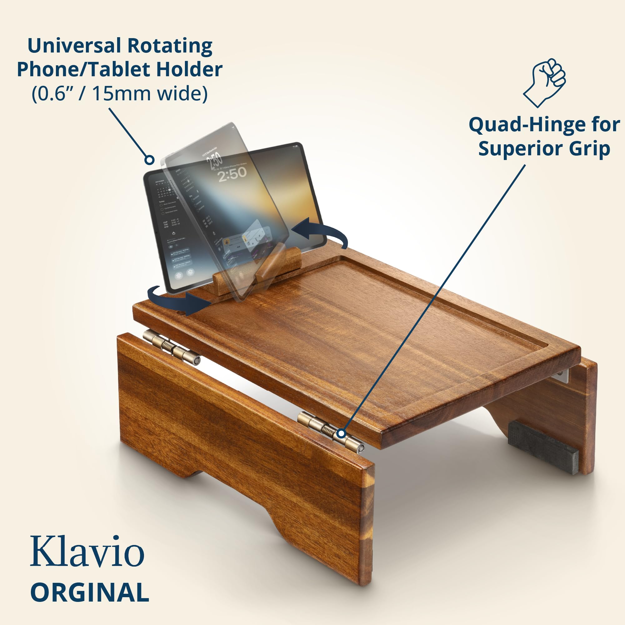 Klavio detail of rotatable phone and tablet holder for hands-free viewing