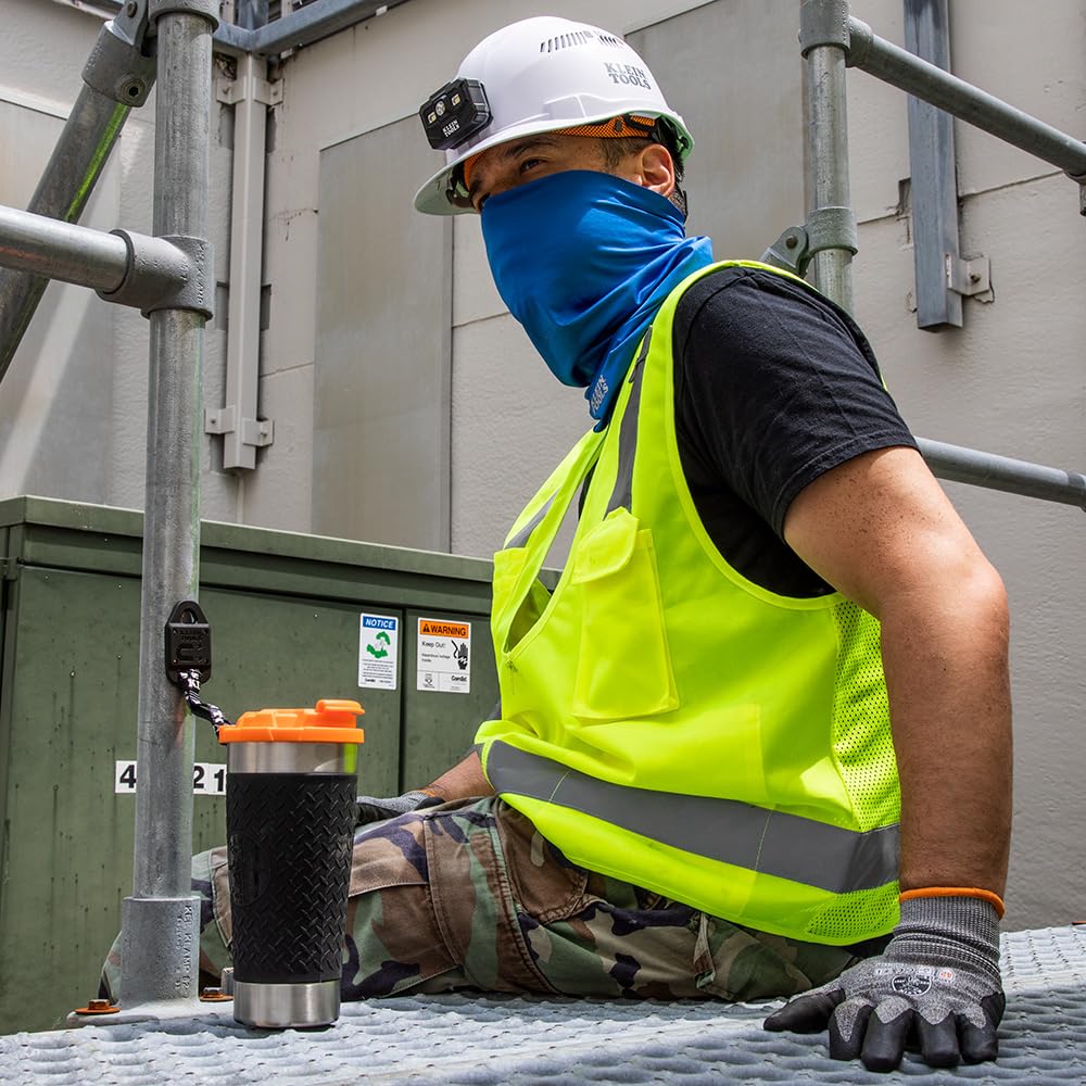 Klein Tools tumbler seated in truck cupholder for travel stability benefit
