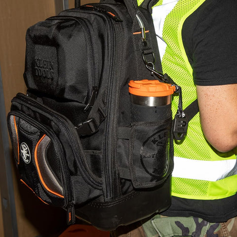 Klein Tools flip-top open showing spill-resistant closure for safer sipping