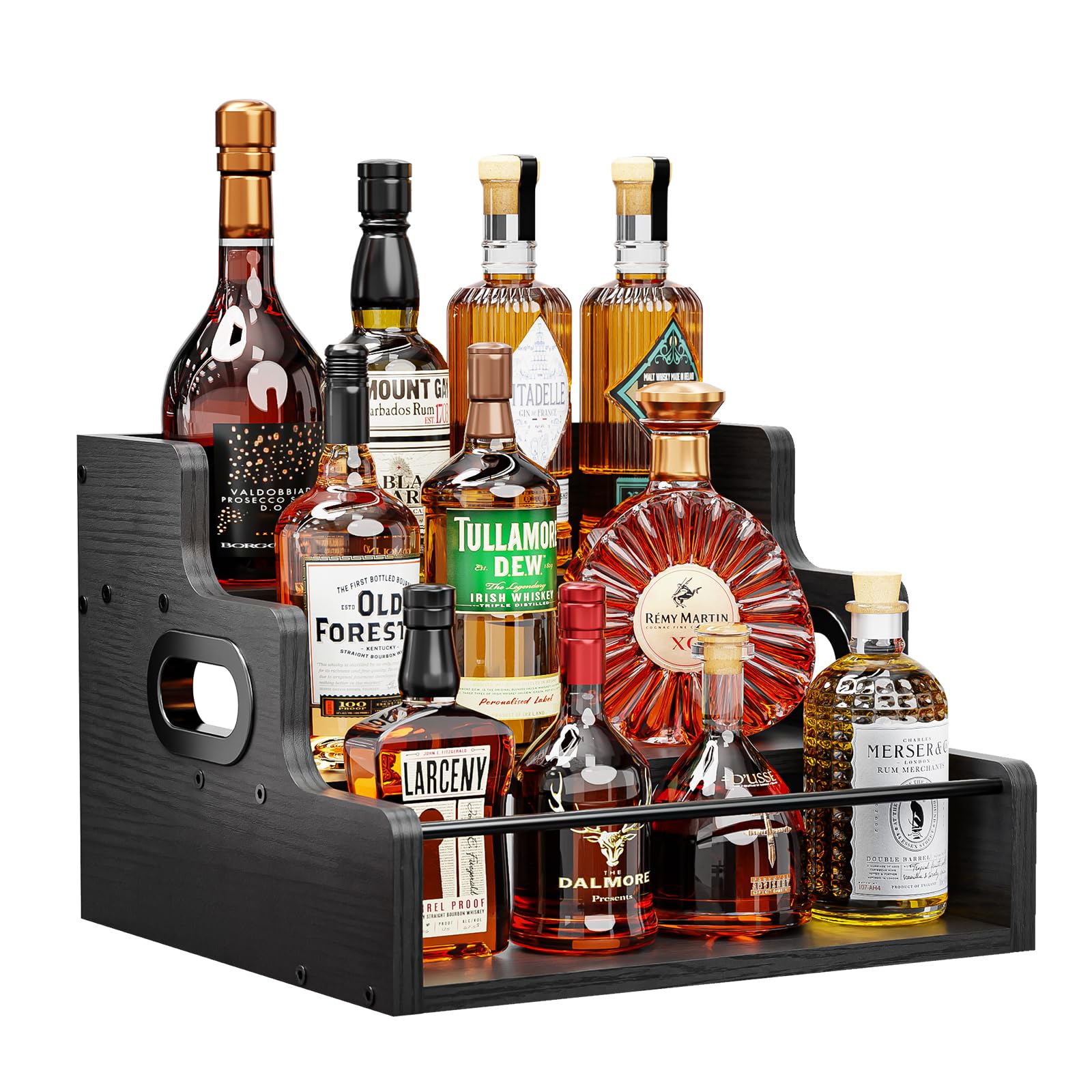 KLM front view of black liquor rack showing organized bottles and neat display