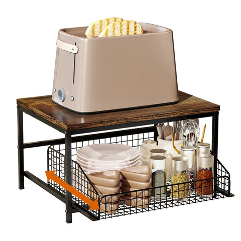 KLM front view of spice rack showing rustic wood top and metal frame benefit organized storage