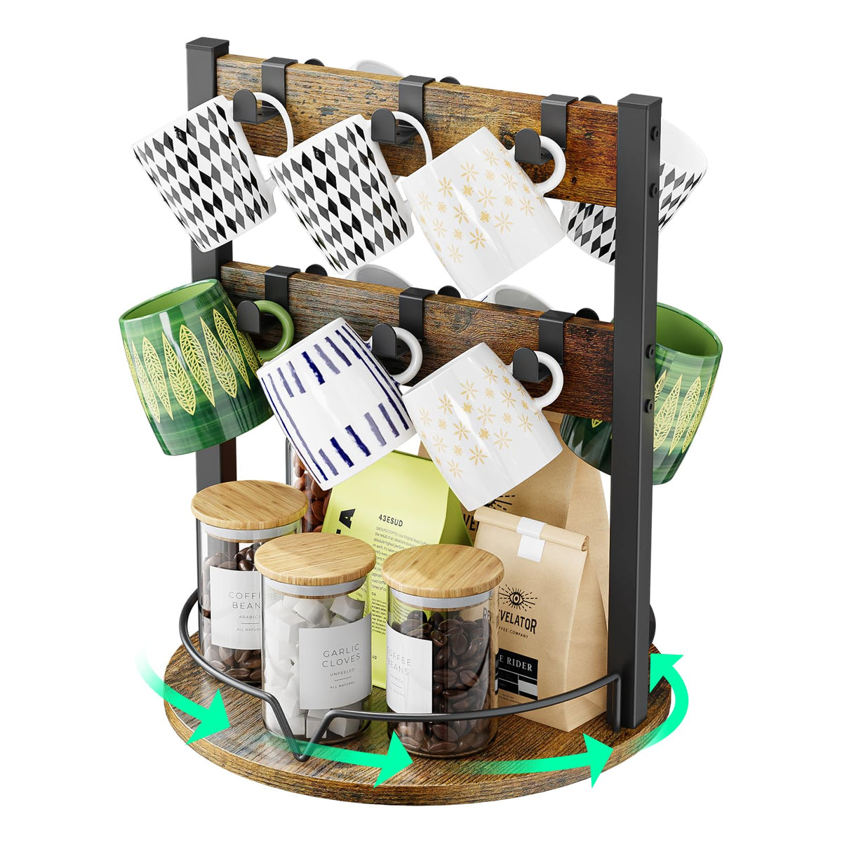KLM mug holder front view showing organized 12-hook display for easy access