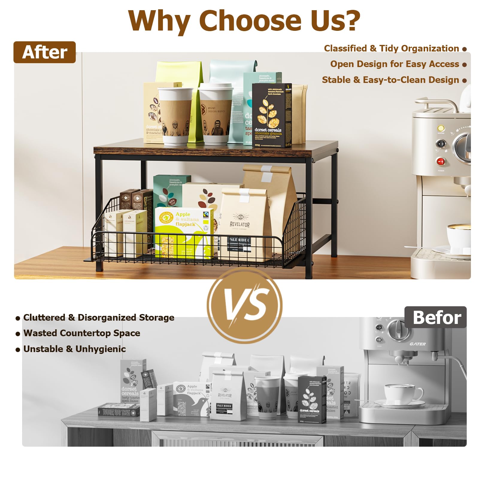 KLM action photo of sliding basket pulled out for quick access and reduced countertop clutter benefit