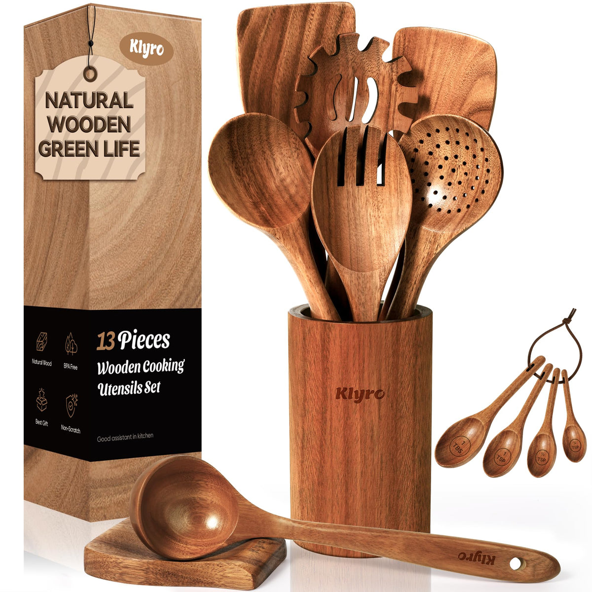 KLYRO front view packaging showing complete teak utensil set and holder, gift-ready
