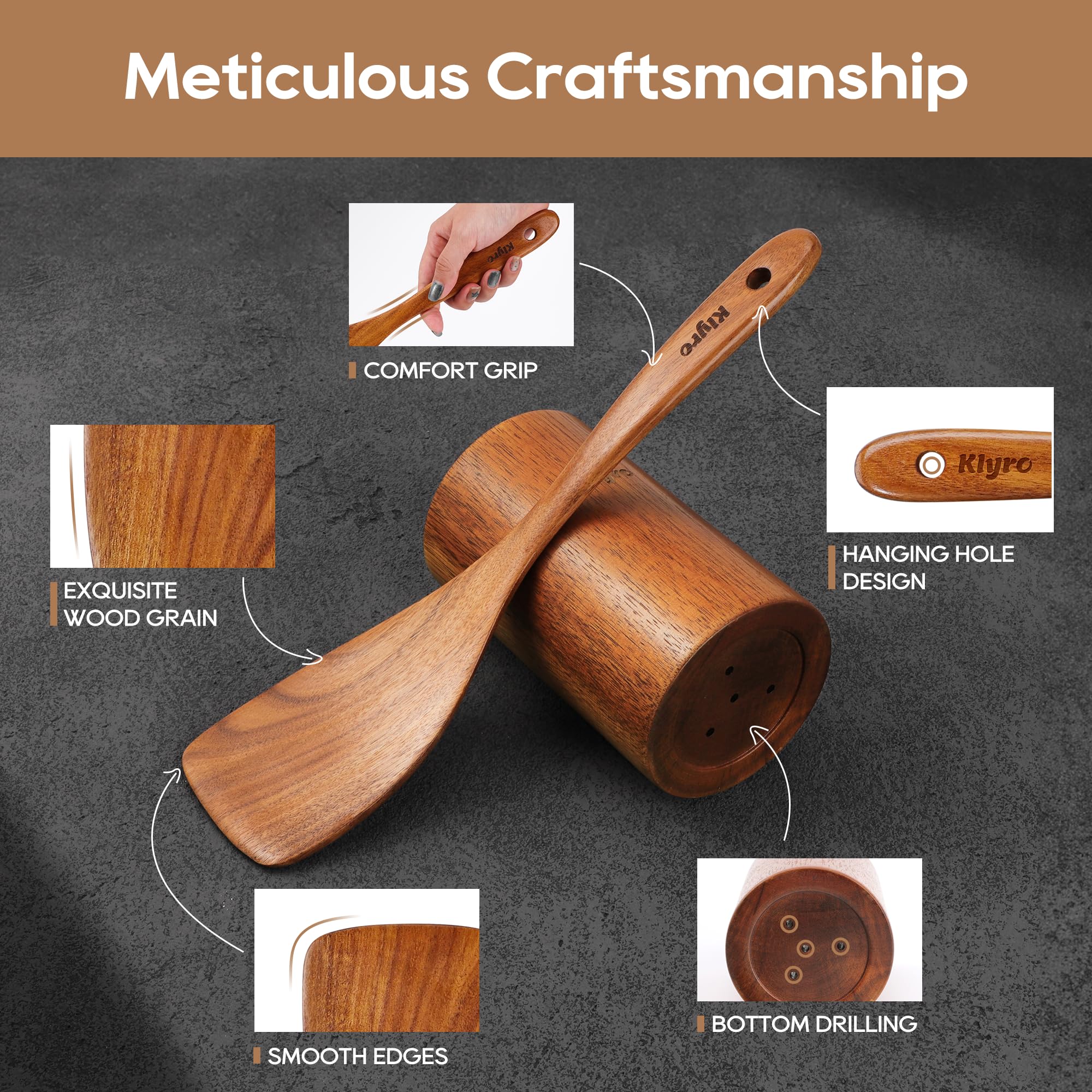 KLYRO wooden tools upright in holder demonstrating organized storage and drainage benefit