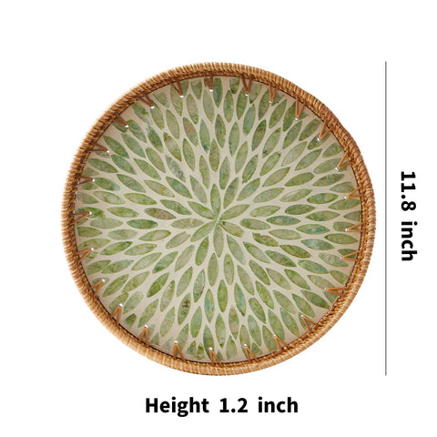 Kmelep tray next to fruit bowl showing 11.8-inch size and capacity