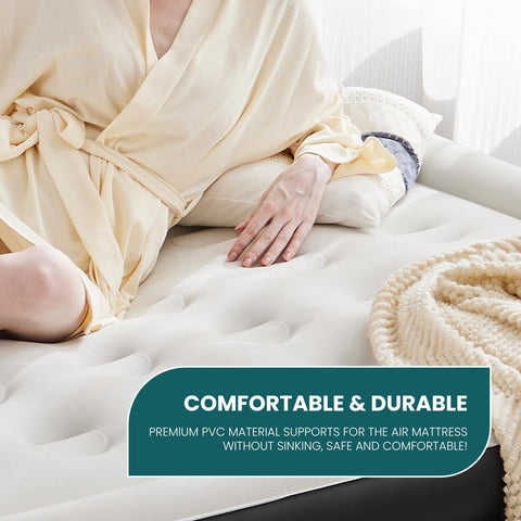 KMFurnila air mattress set up at campsite for elevated comfortable outdoor sleeping