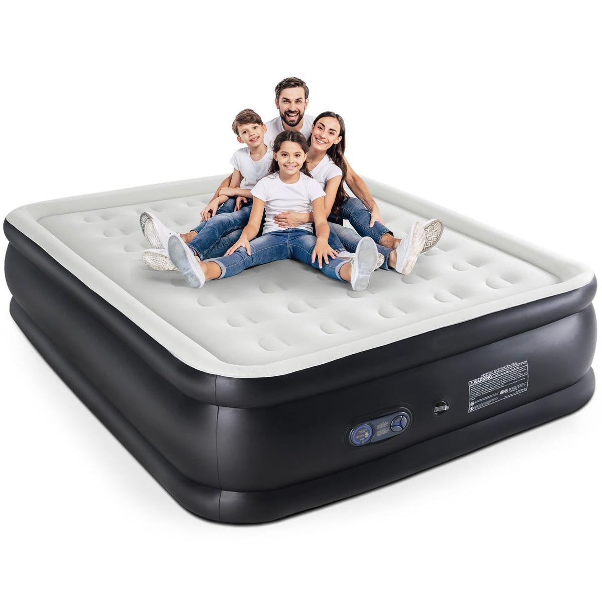 KMFurnila queen front view showing raised 18-inch height and plush top for better sleep