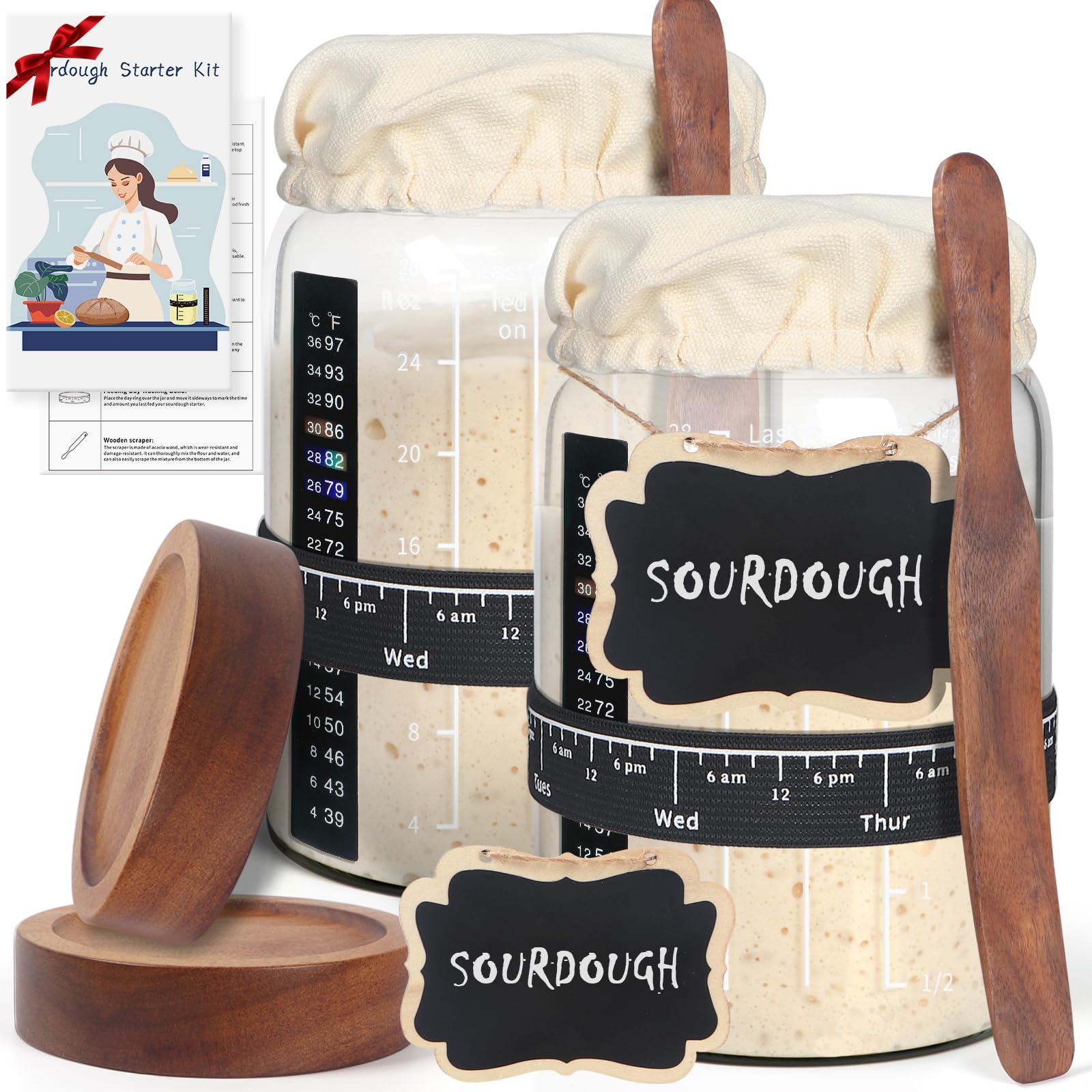 Kmise front view showing two 34 oz glass starter jars and accessories for organized baking