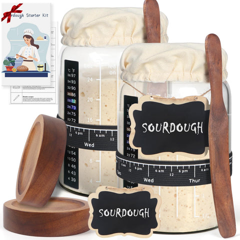 Kmise front view showing two 34 oz glass starter jars and accessories for organized baking