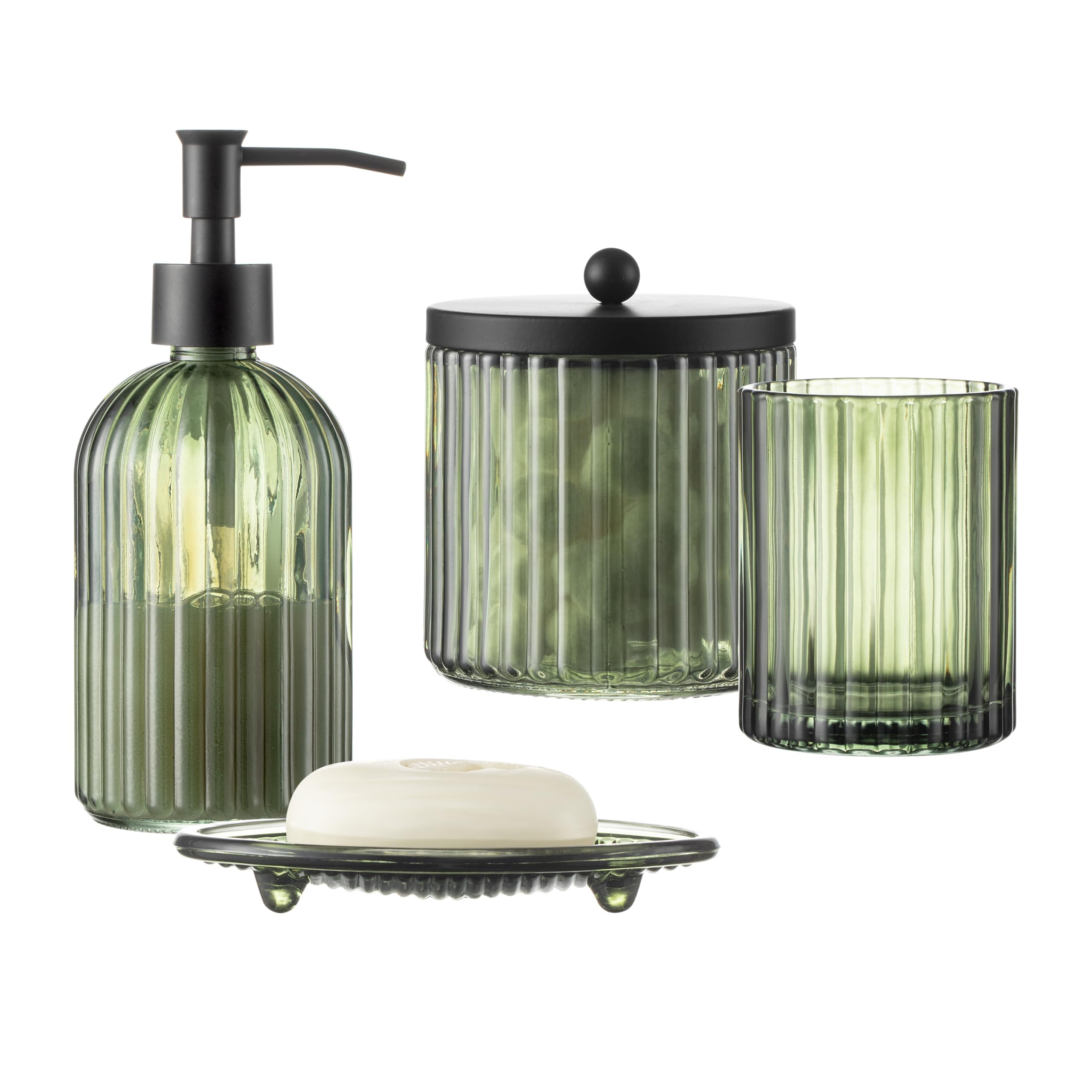 KMwares front view of green pressed-glass set showing complete organization benefits