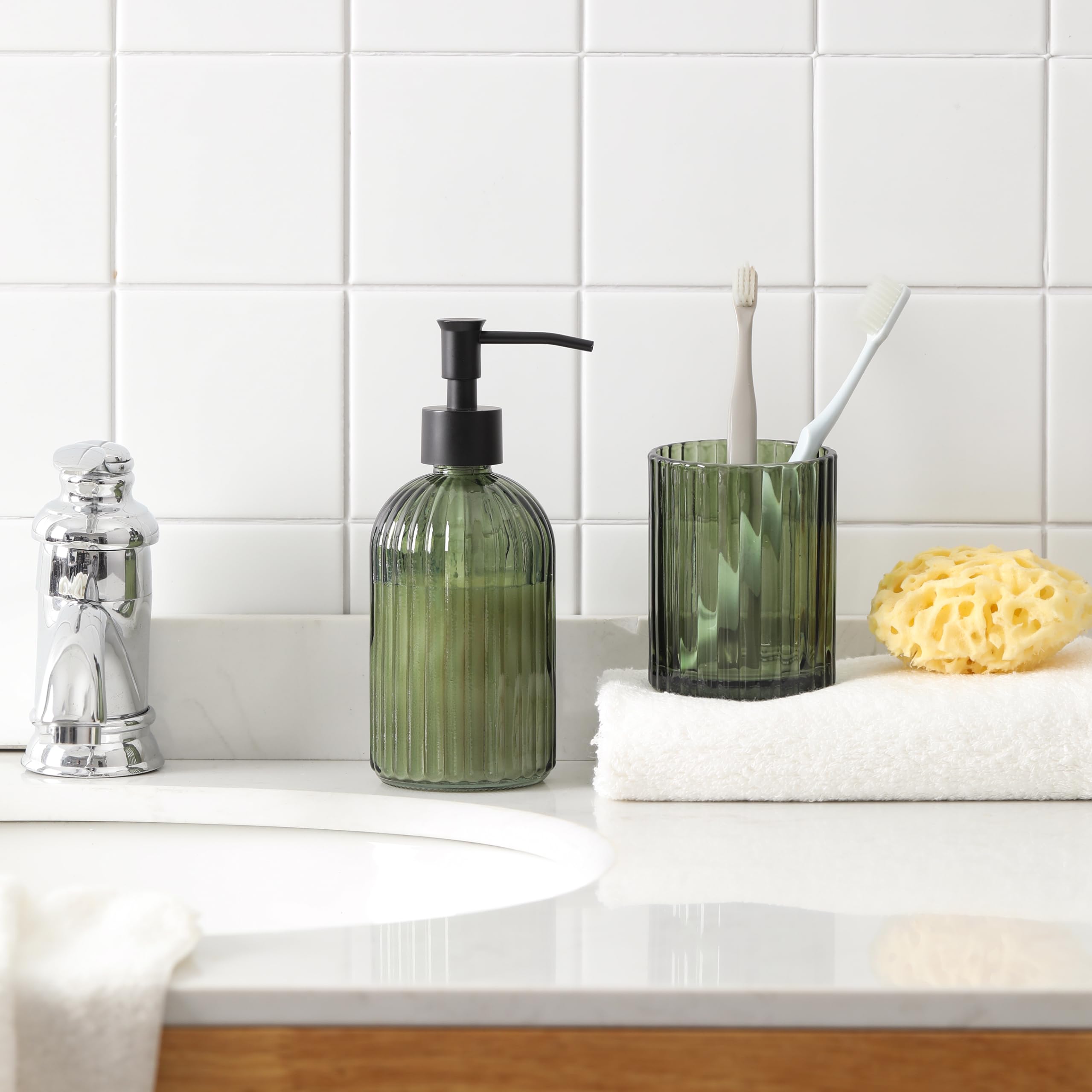 KMwares soap dispenser pump and metal accent showing durable, drip-free use