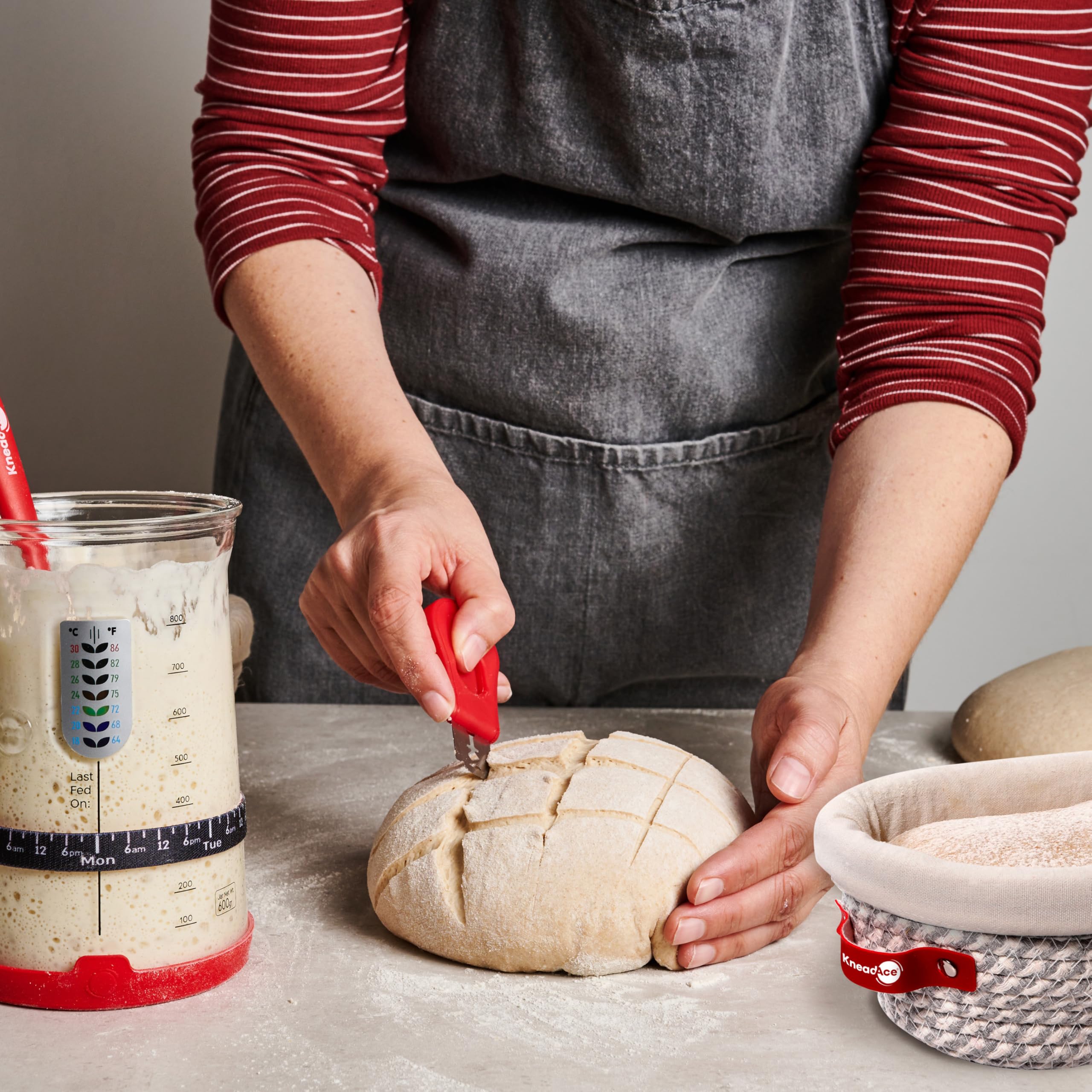 KneadAce size comparison with hand showing 34oz jar capacity and real-world scale