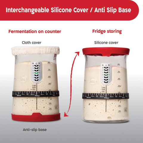 KNEADACE starter jar in use on kitchen counter demonstrating rise