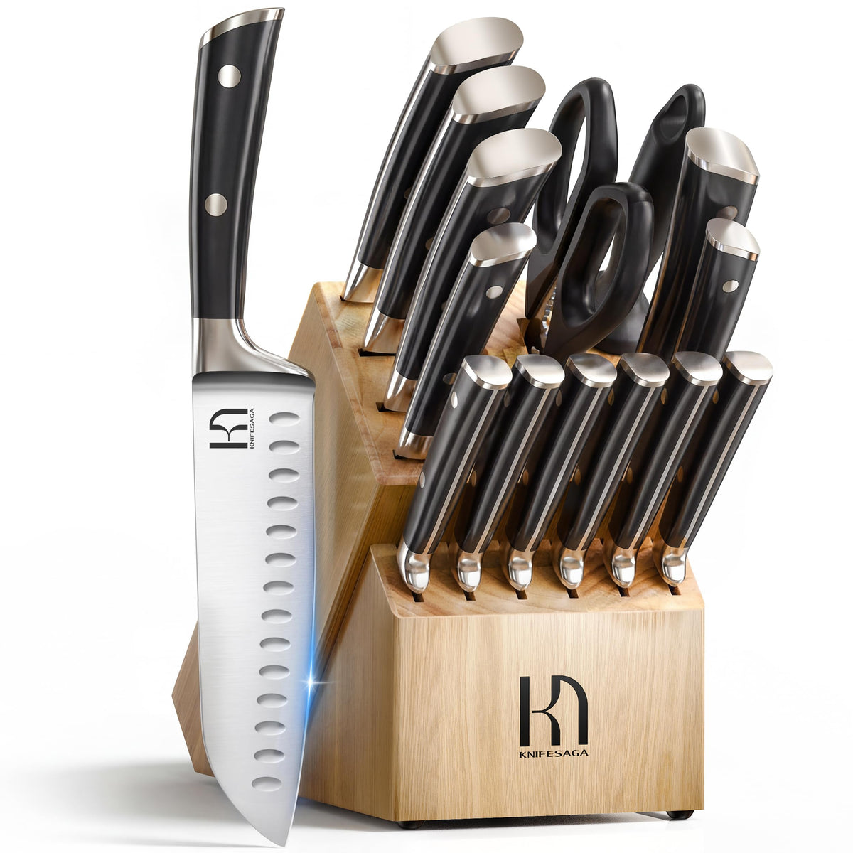 KnifeSaga 15-piece knife block front view showing full set and organized storage benefit