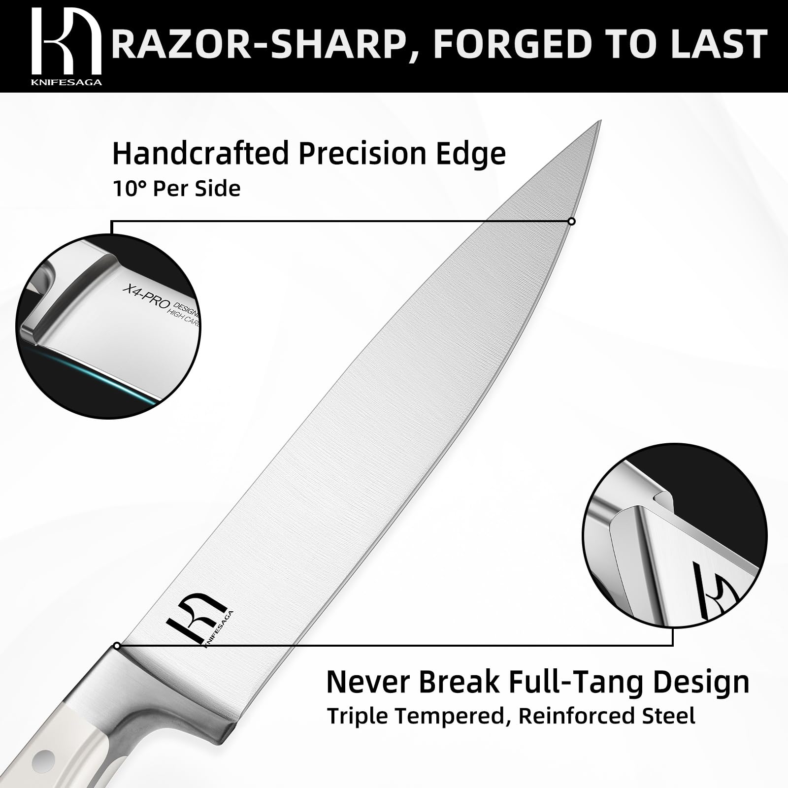KnifeSaga blade close-up showing 10° edge for precise slicing benefit