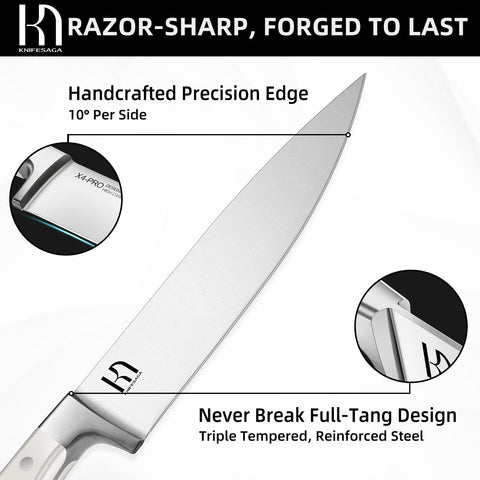 KnifeSaga blade close-up showing 10° edge for precise slicing benefit