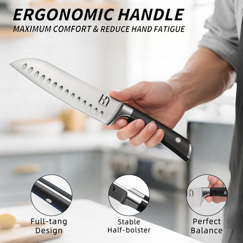 KnifeSaga complete set in kitchen lifestyle demonstrating fast, low-resistance cutting benefit