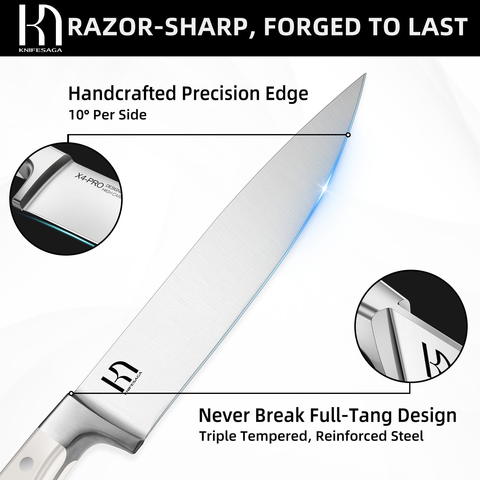 KnifeSaga close-up of chef knife edge highlighting razor-sharp 10-degree precision