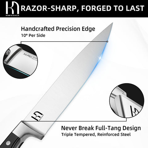KnifeSaga close-up of chef knife edge showing razor-sharp precision benefit
