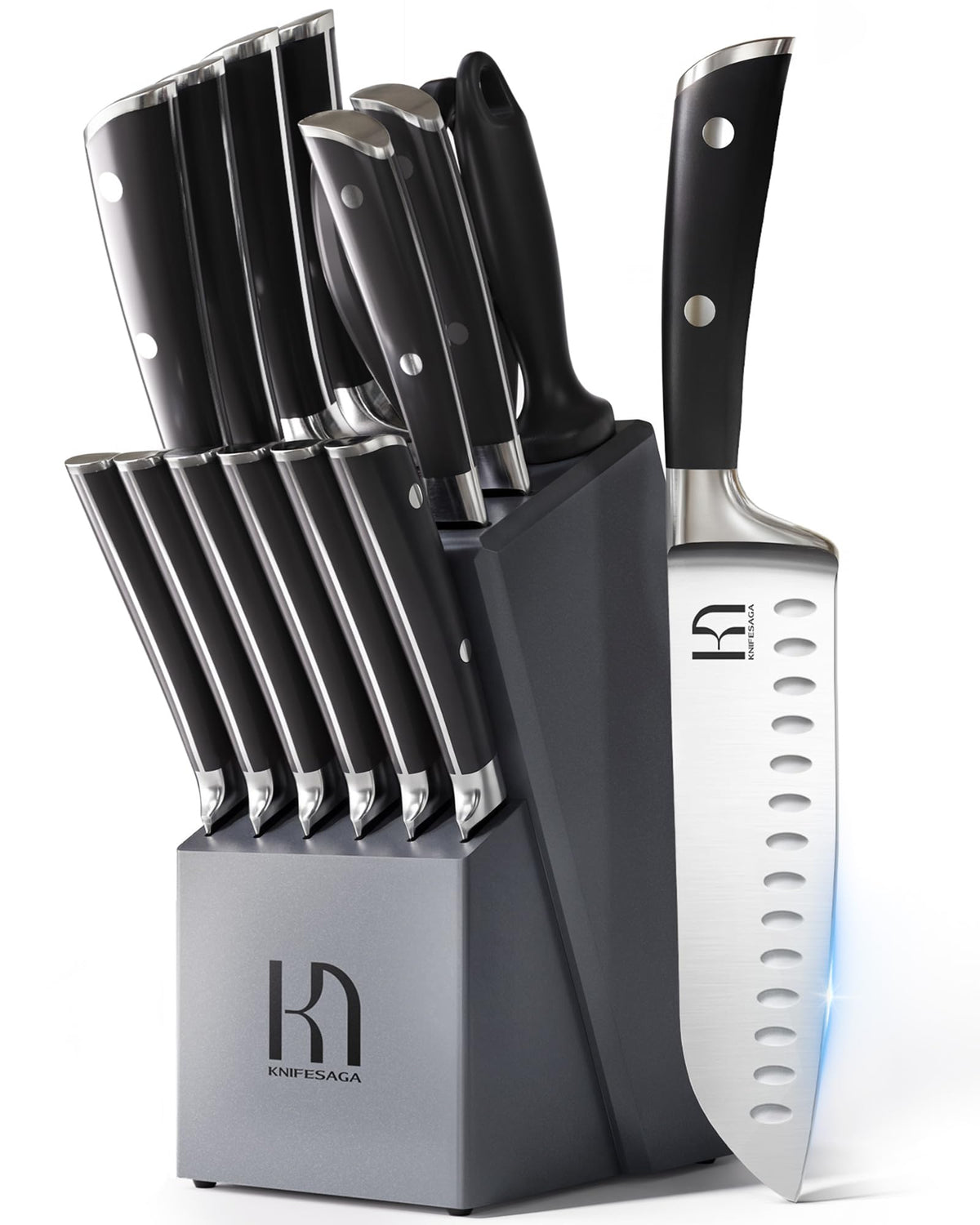 KnifeSaga knives in acacia block showing organized storage and easy access