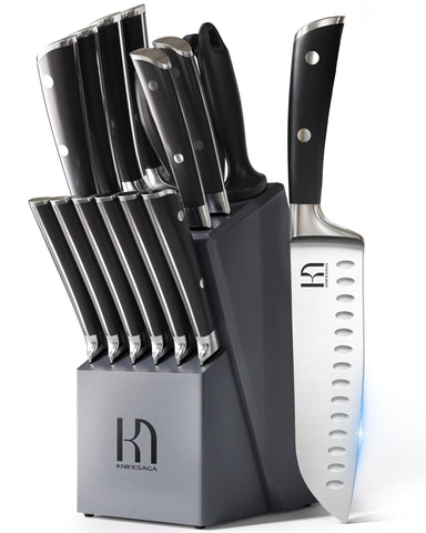 KnifeSaga knives in acacia block showing organized storage and easy access