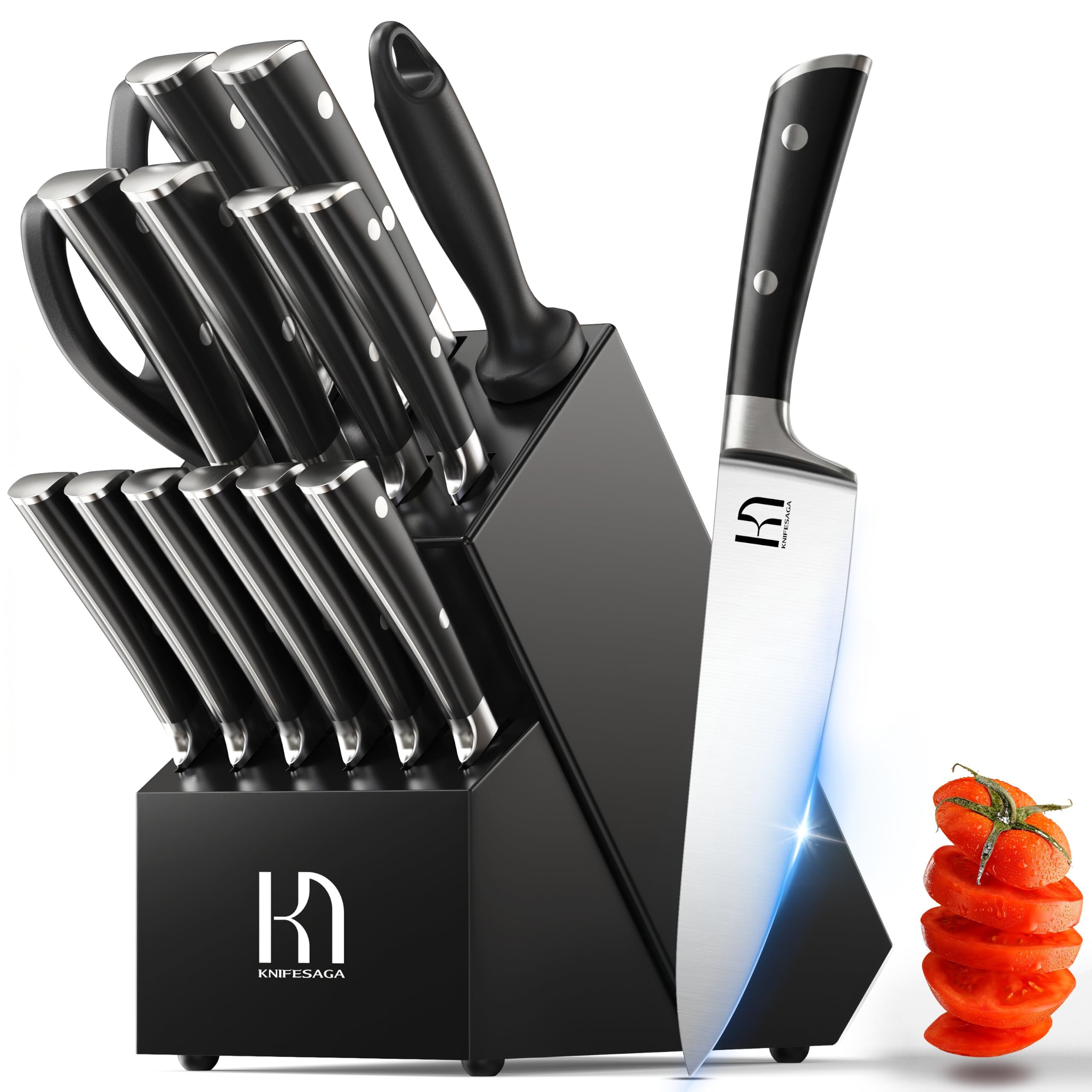 KnifeSaga front view of 15-piece set in black acacia block showing full collection benefits