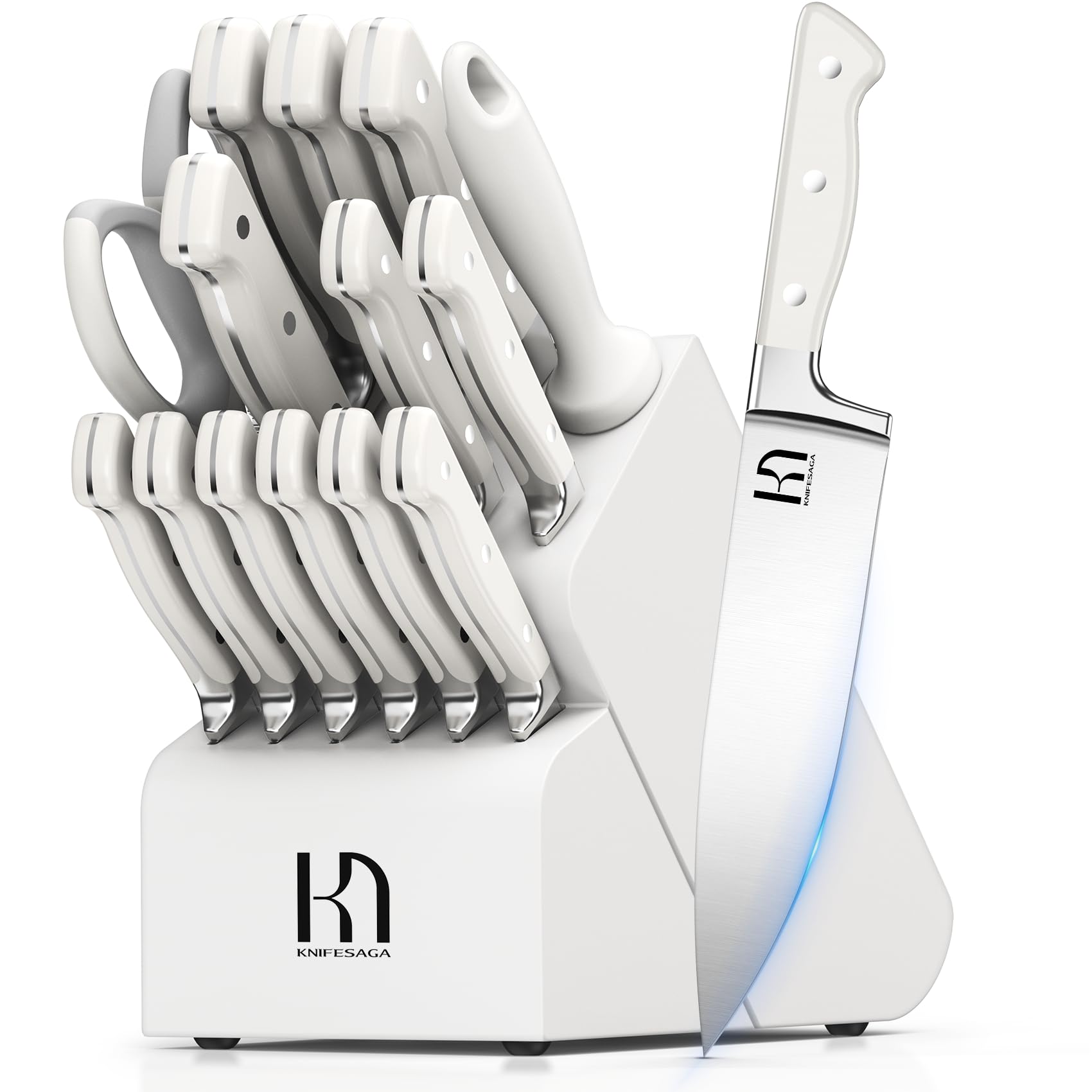 KnifeSaga front view block displaying full 15-piece set and organized storage benefit