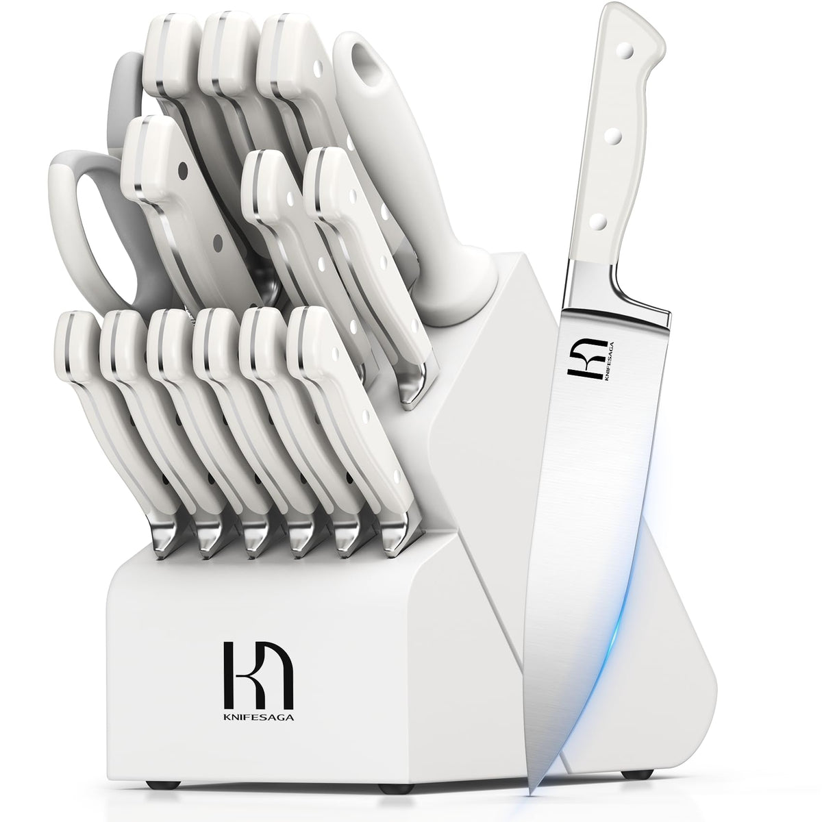 KnifeSaga front view block displaying full 15-piece set and organized storage benefit