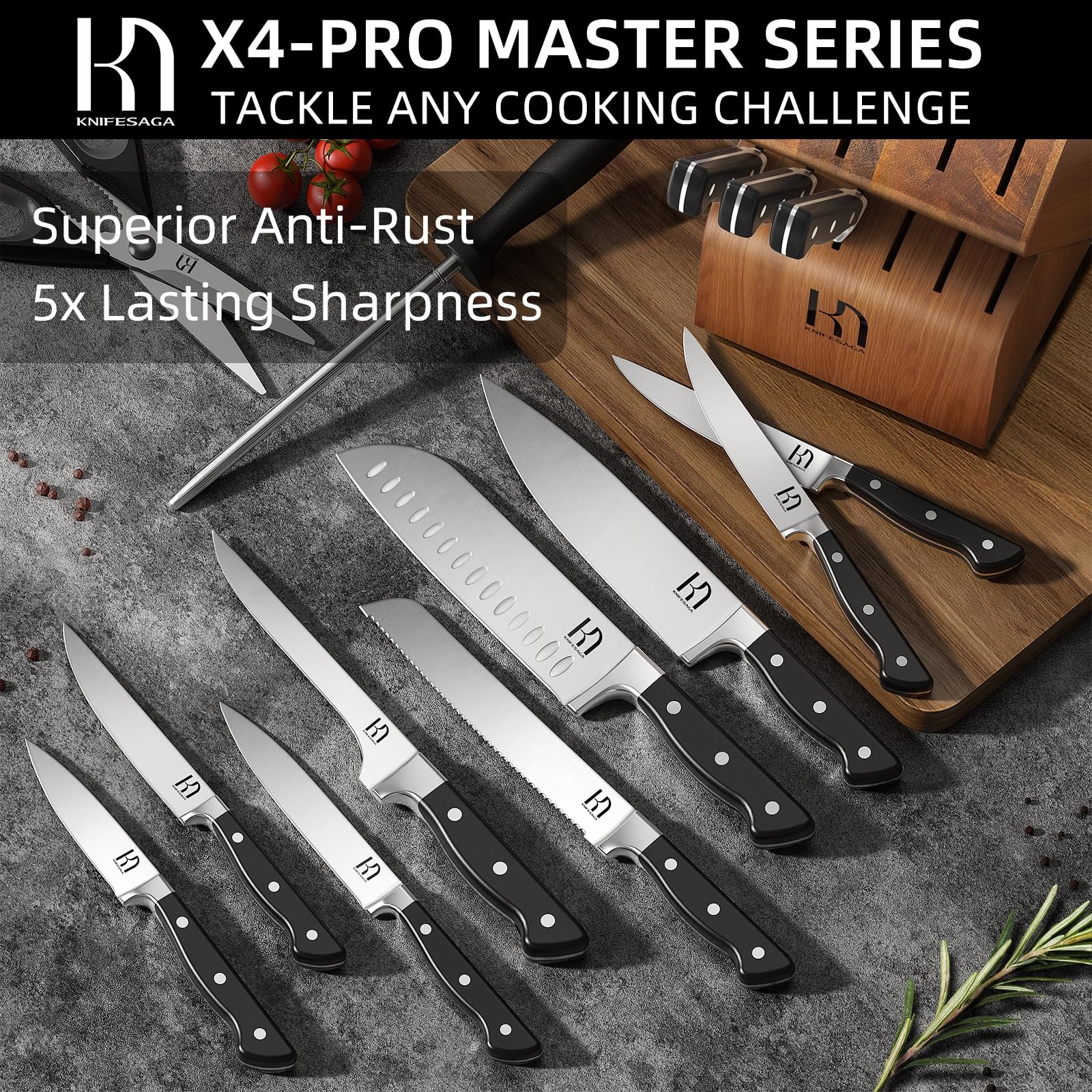 KnifeSaga ergonomic handle and non-slip bolster detail for safe control