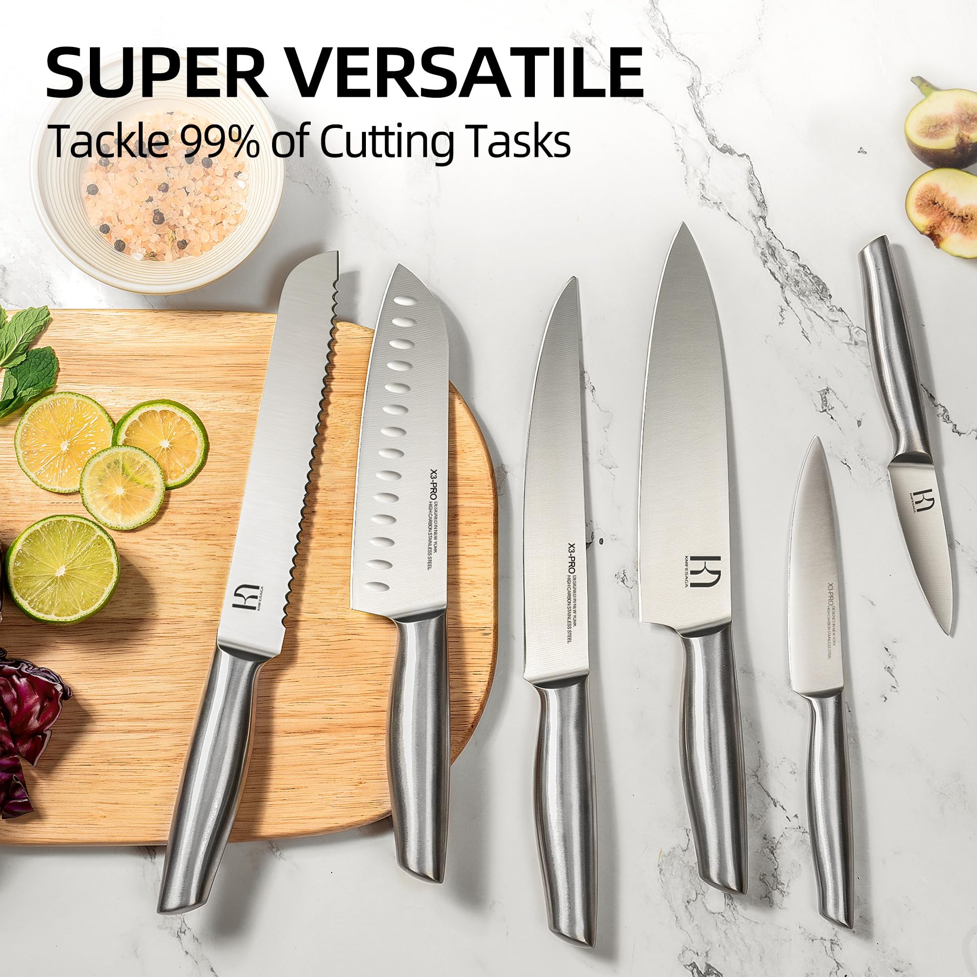 KnifeSaga chef knife slicing vegetables on board showing clean effortless cuts