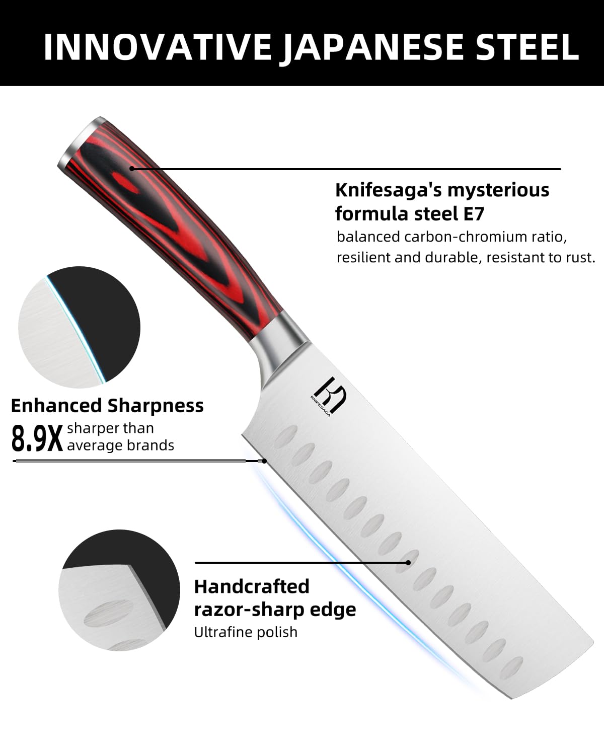 KnifeSaga Nakiri Granton scallops close view preventing food sticking during cuts