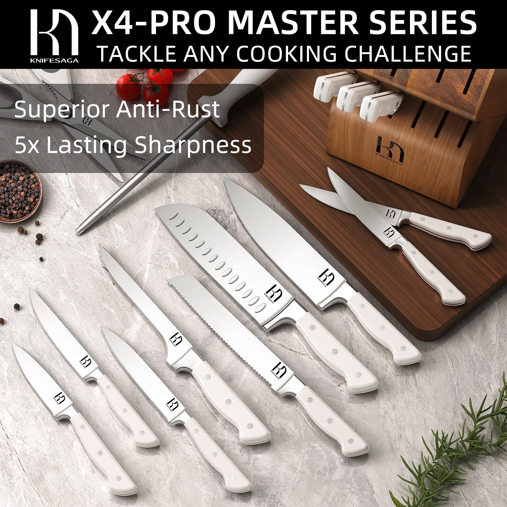 KnifeSaga santoku and paring knives on cutting board enabling precise vegetable work