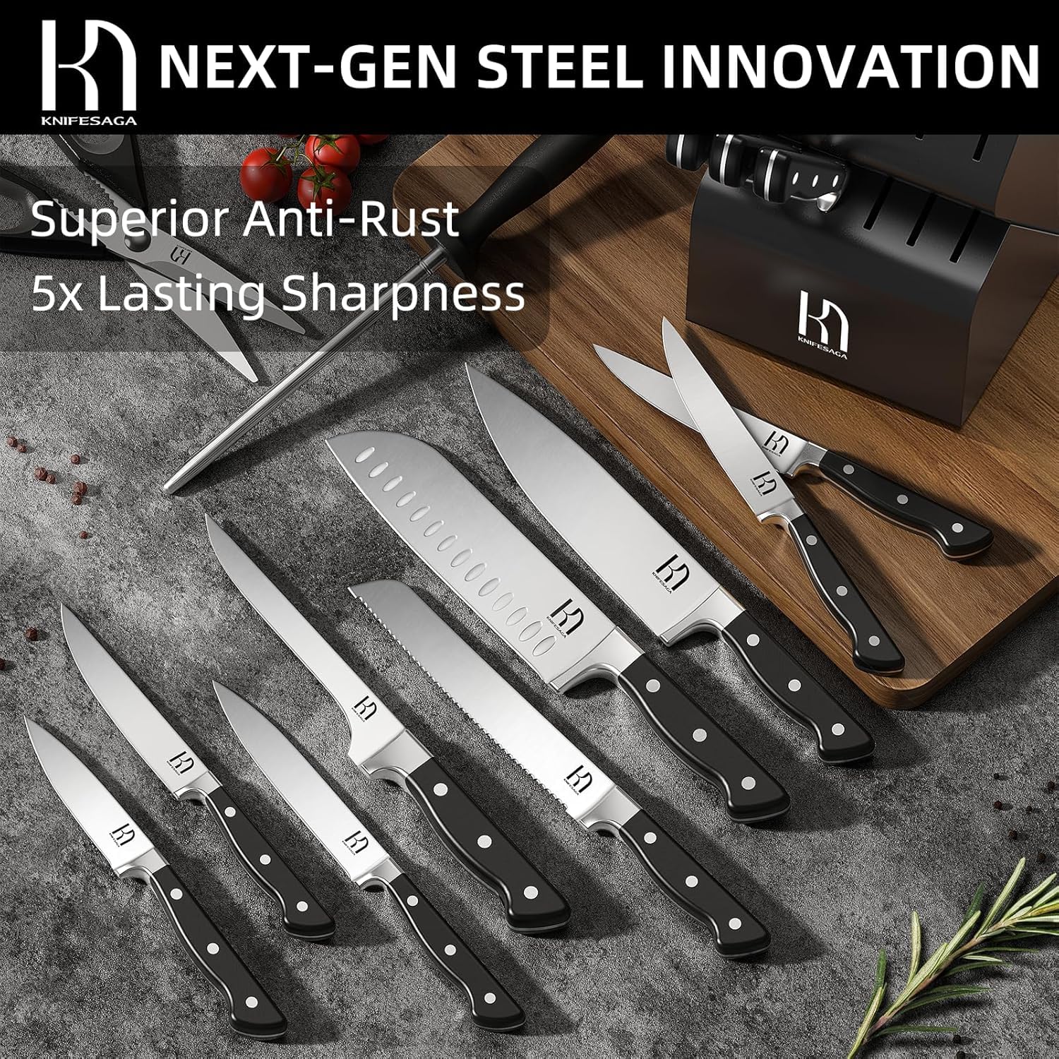 KnifeSaga sharpening steel and kitchen shear detailed view for on-demand edge maintenance