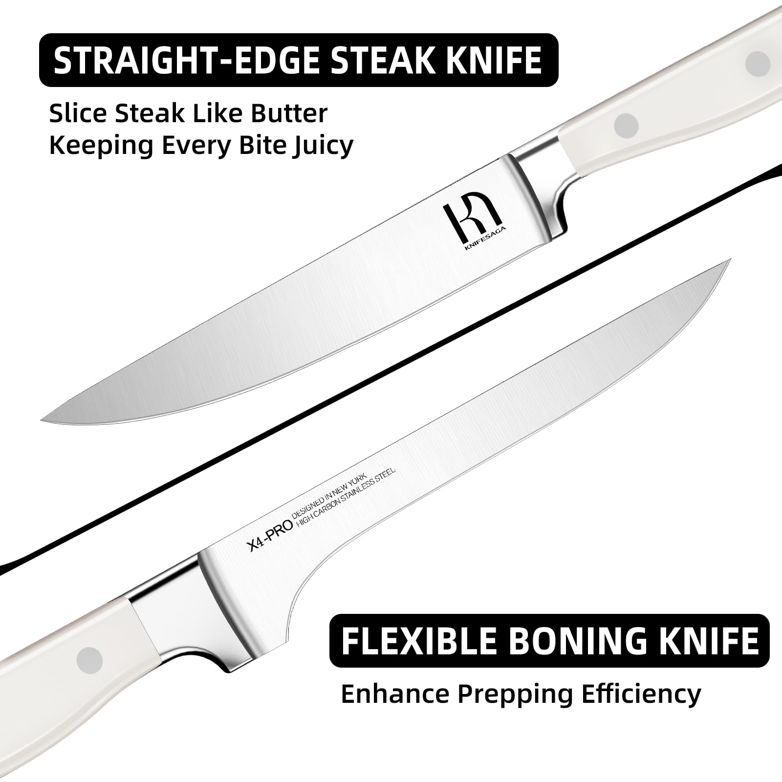 KnifeSaga steak knives laid on table for clean steak slicing and dining benefit