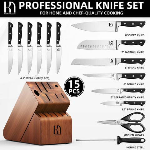 KnifeSaga solid wood block with non-slip base keeping knives secure