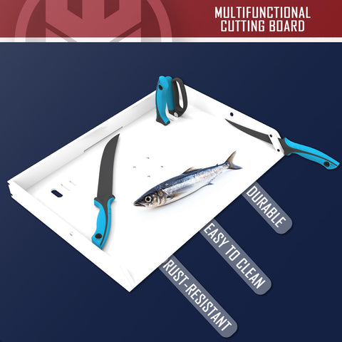 KNINE OUTDOORS lifestyle shot on boat deck showing tidy filleting and organized workflow