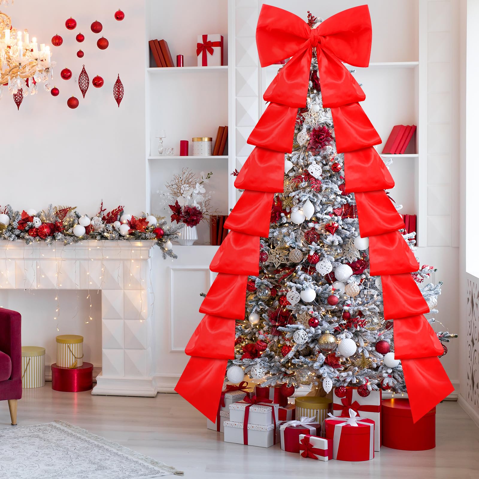 Knitgrip bow mounted on a Christmas tree adding dramatic holiday focal point